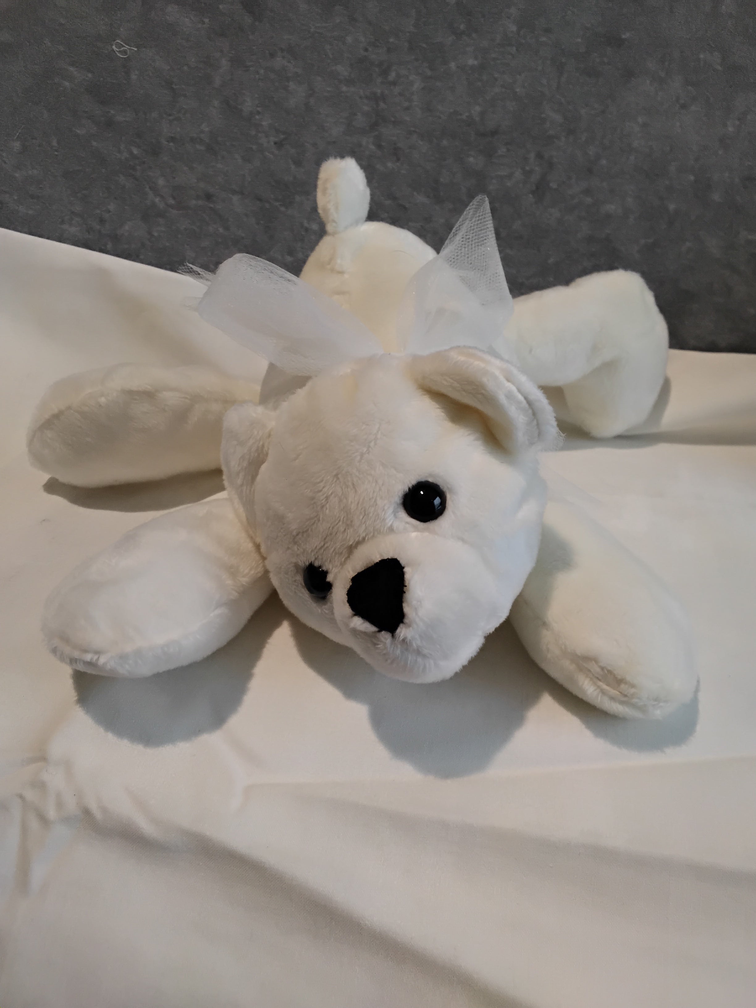 13" White Plush Bear with white bow