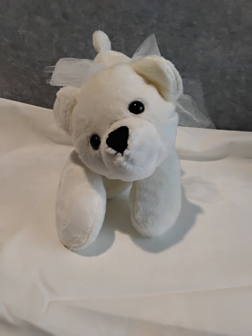 13" White Plush Bear with white bow